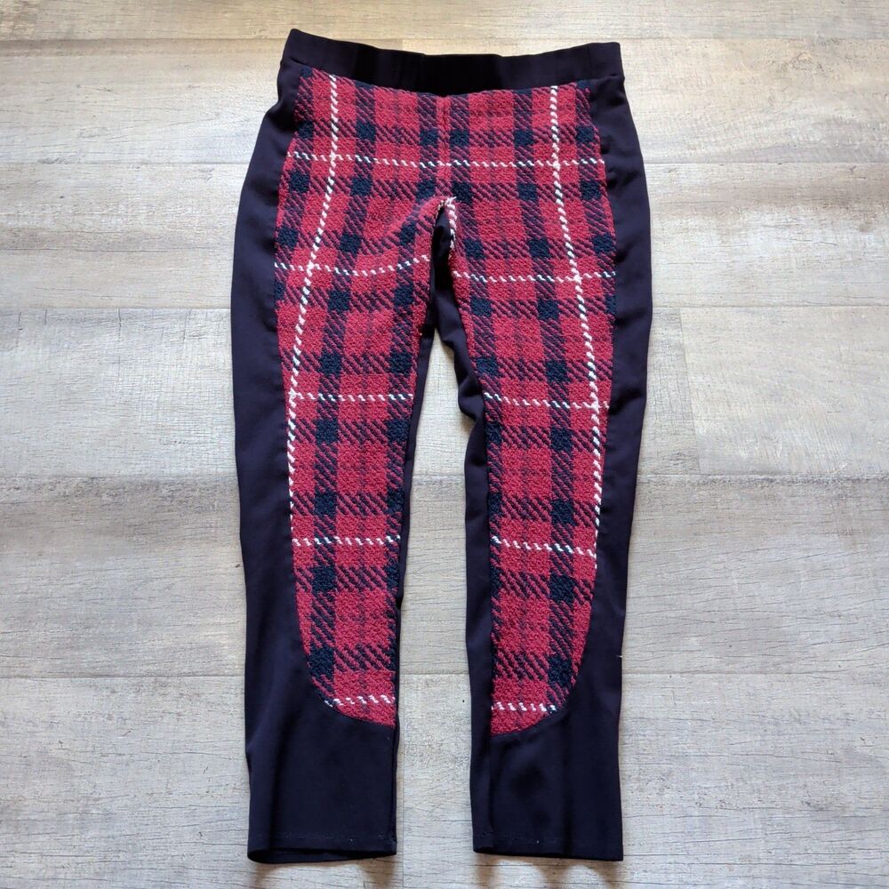 Ruti Women's Pants Sz 1 32" Red Plaid Knit Contrast Detail Leggings Mix Media